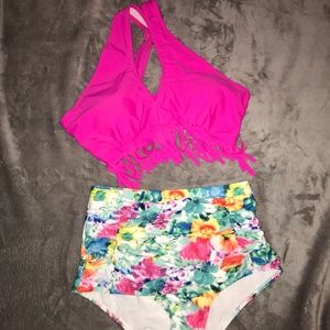 Hot Pink + Floral Fringe Bikini - NWOT